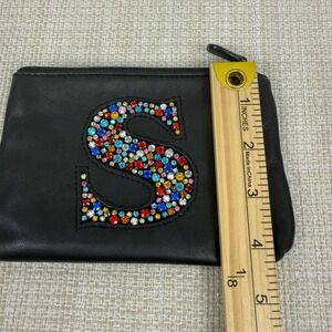 Bloomingdales Black Zipper‎ Pouch Rhinestone Initial S Zip Coin Card Holder